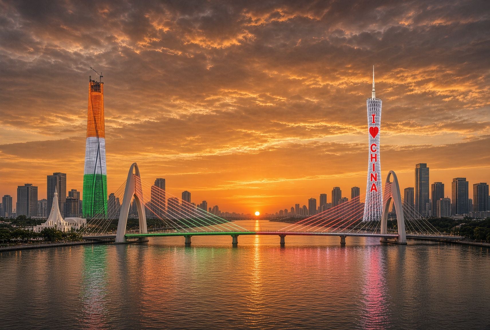 Pont reliant Abidjan et Guangzhou au coucher du soleil